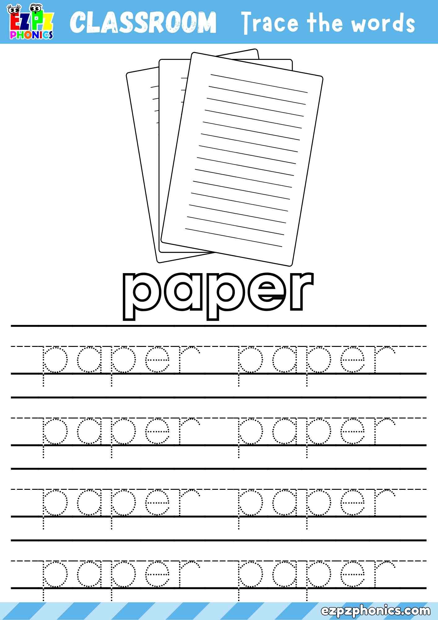 Paper - Classroom Objects Vocabulary Word Tracing Activity - Color the Paper and Trace the Word Paper (Free PDF Download)